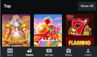 LEON Bet on a phone: game tiles above the bottom bar that switches between Sport, Casino and the bet slip