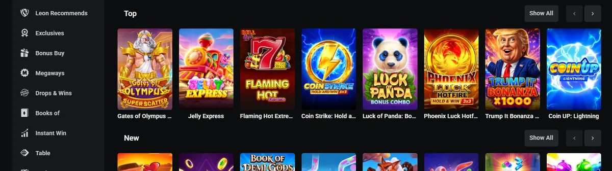 Pokies lobby at LEON Bet with the category sidebar beside a row of top titles