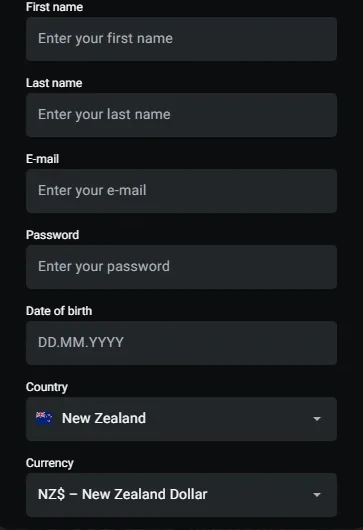LEON Bet registration form with name, email, password, date of birth, country New Zealand and NZD currency fields