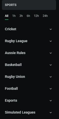 Sports menu at LEON Bet listing cricket, rugby league, Aussie rules, basketball, rugby union, football and esports