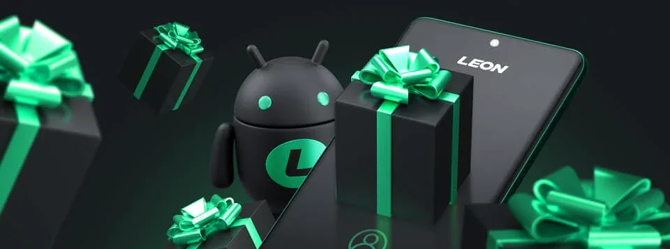 Android robot beside a LEON-branded phone surrounded by wrapped gift boxes