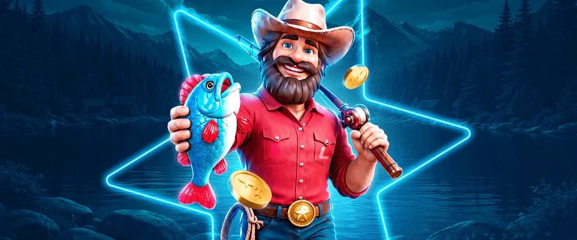 Cartoon angler from a LEON pokie holding a fish and a rod beside a moonlit lake